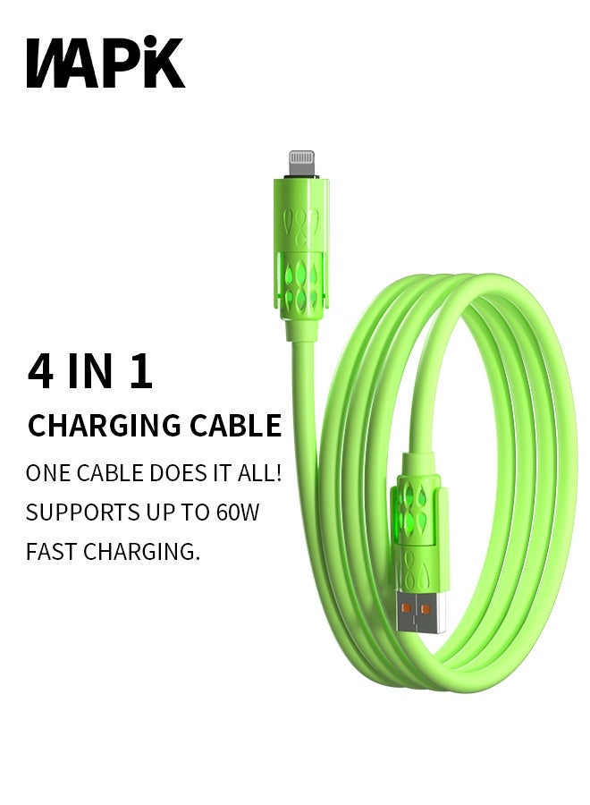 وابيك كابل شحن سريع 4 في 1 من علامة كورية، قوة 60 واط، USB-A و Type-C إلى Type-C / Lightning، سيليكون سائل، نقل بيانات 480Mbps، أخضر - Image 1